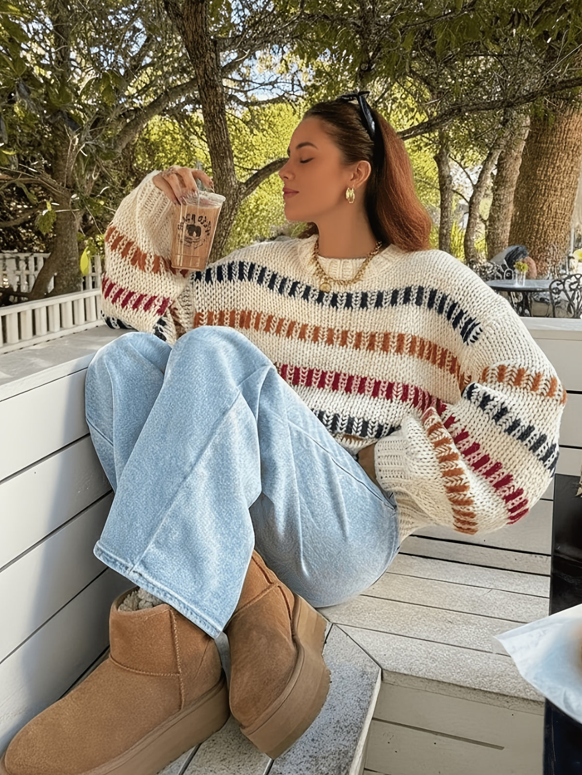 Colorful Stripe Oversized Sweater - JOYSONS