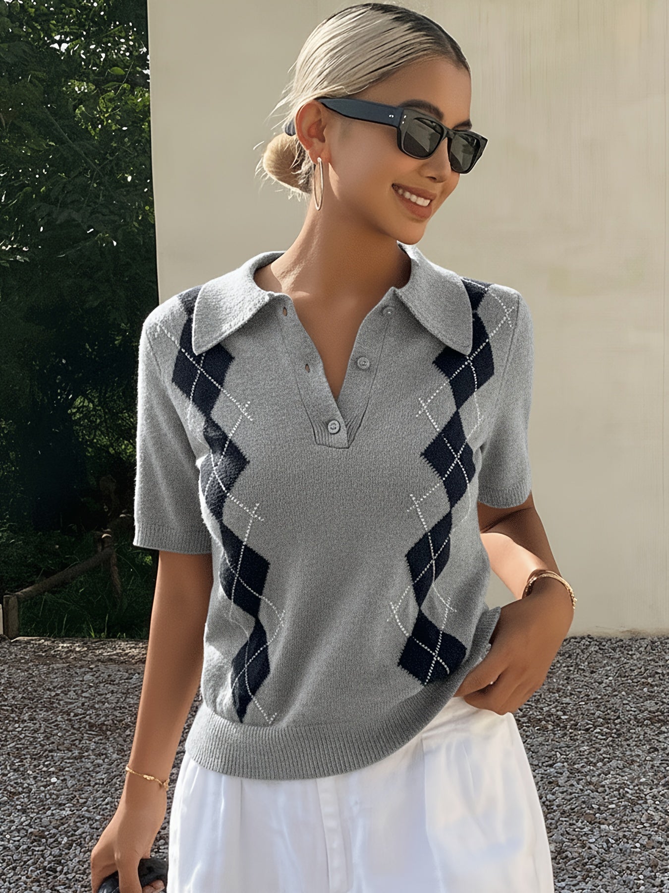Women’s Argyle Crew Neck Polo Sweater