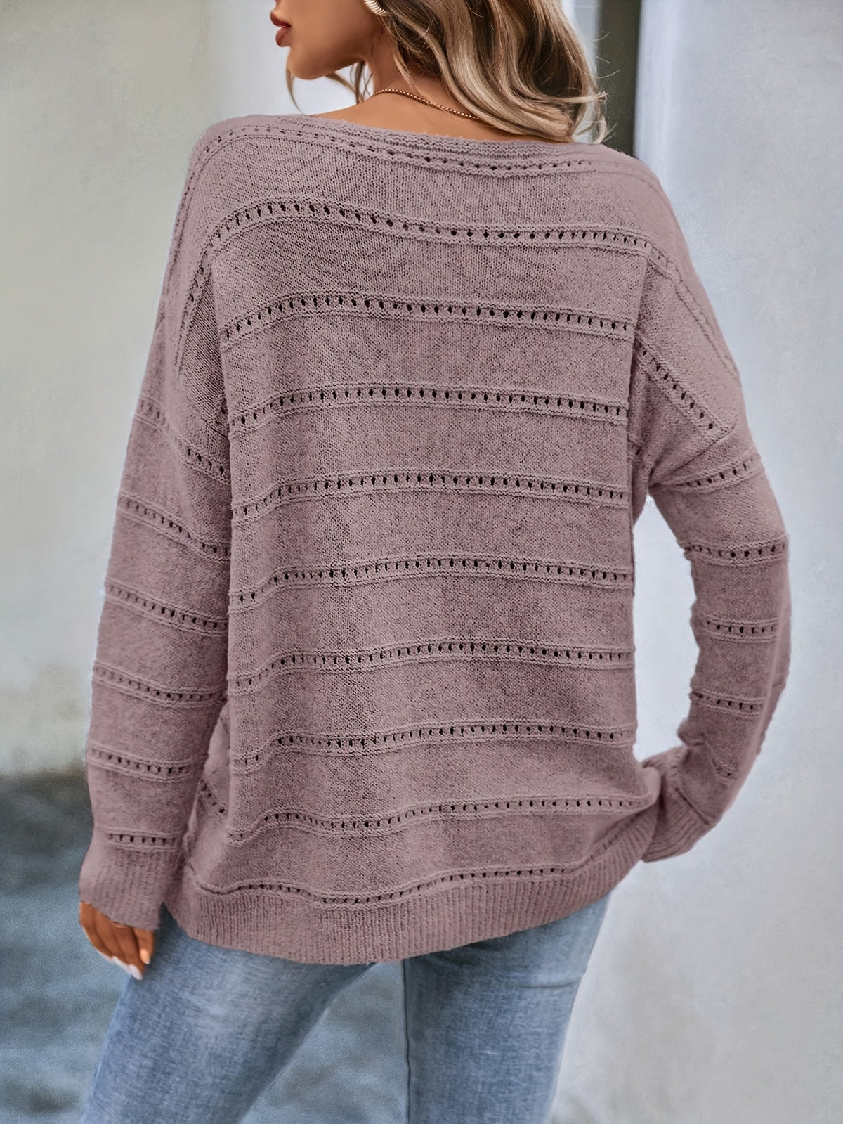 Pointelle Stripe Boat Neck Sweater