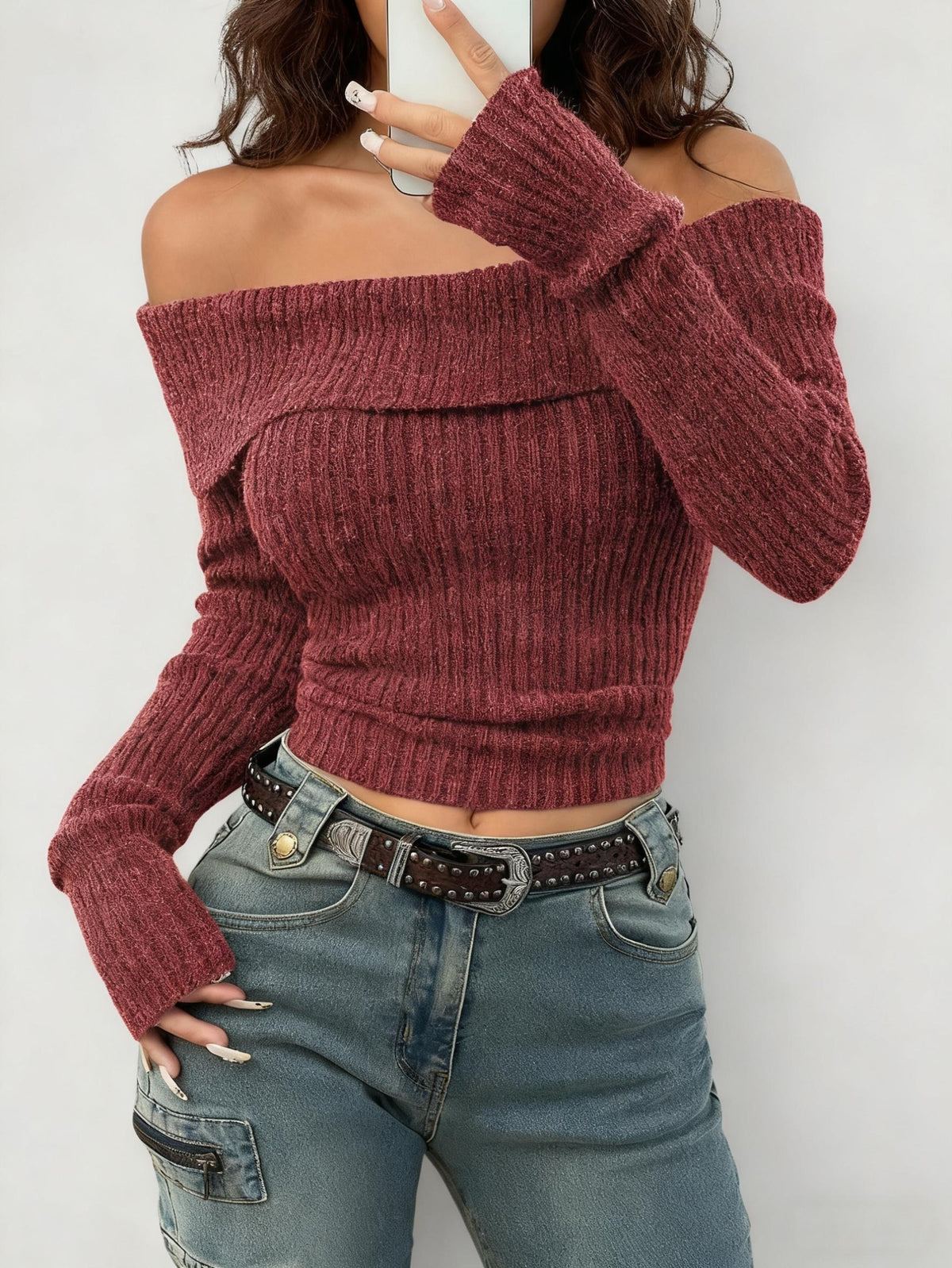 Off Shoulder Fold Over Ribbed Crop Top