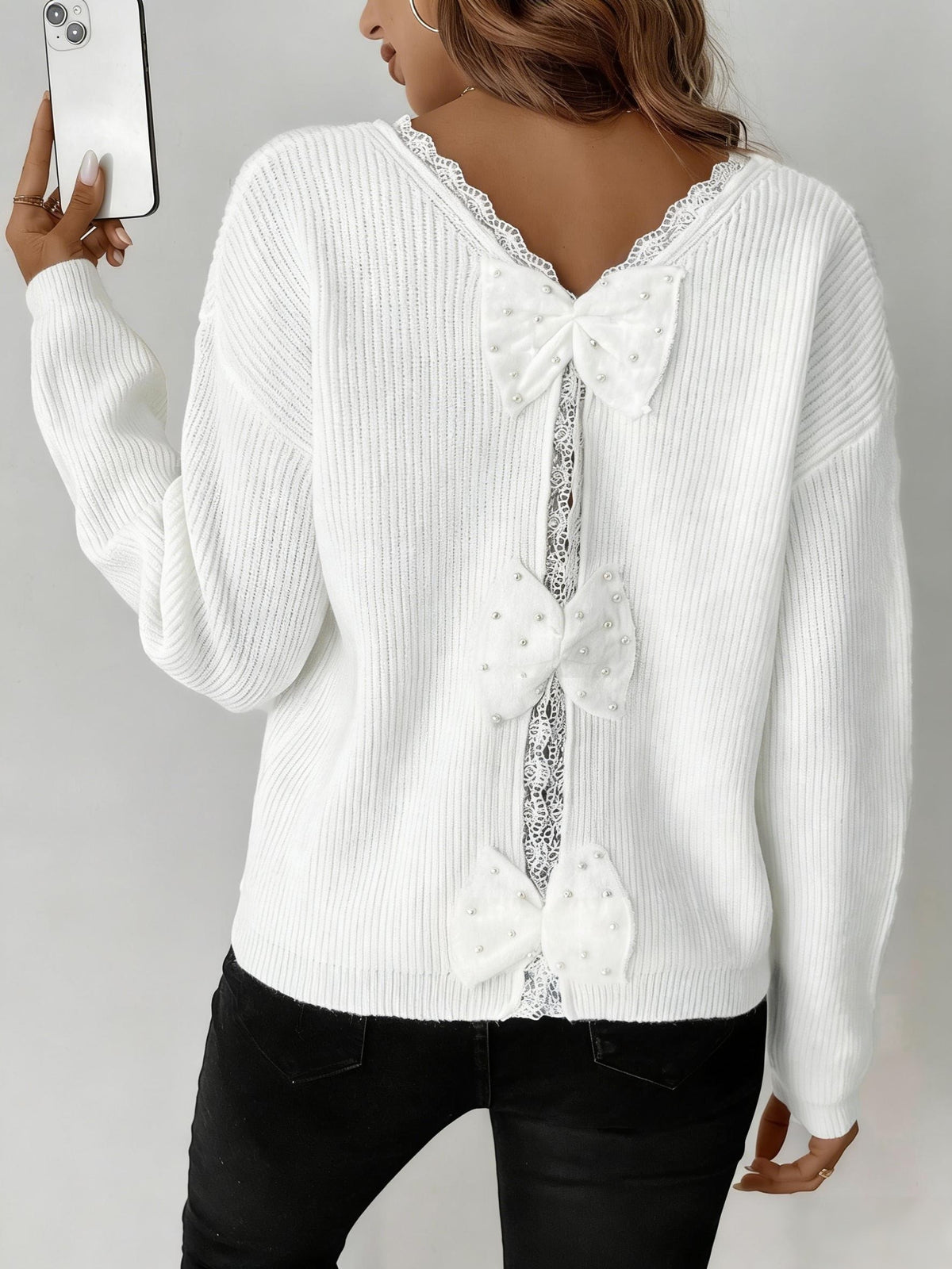 Back Bow Lace Trim V-Neck Sweater
