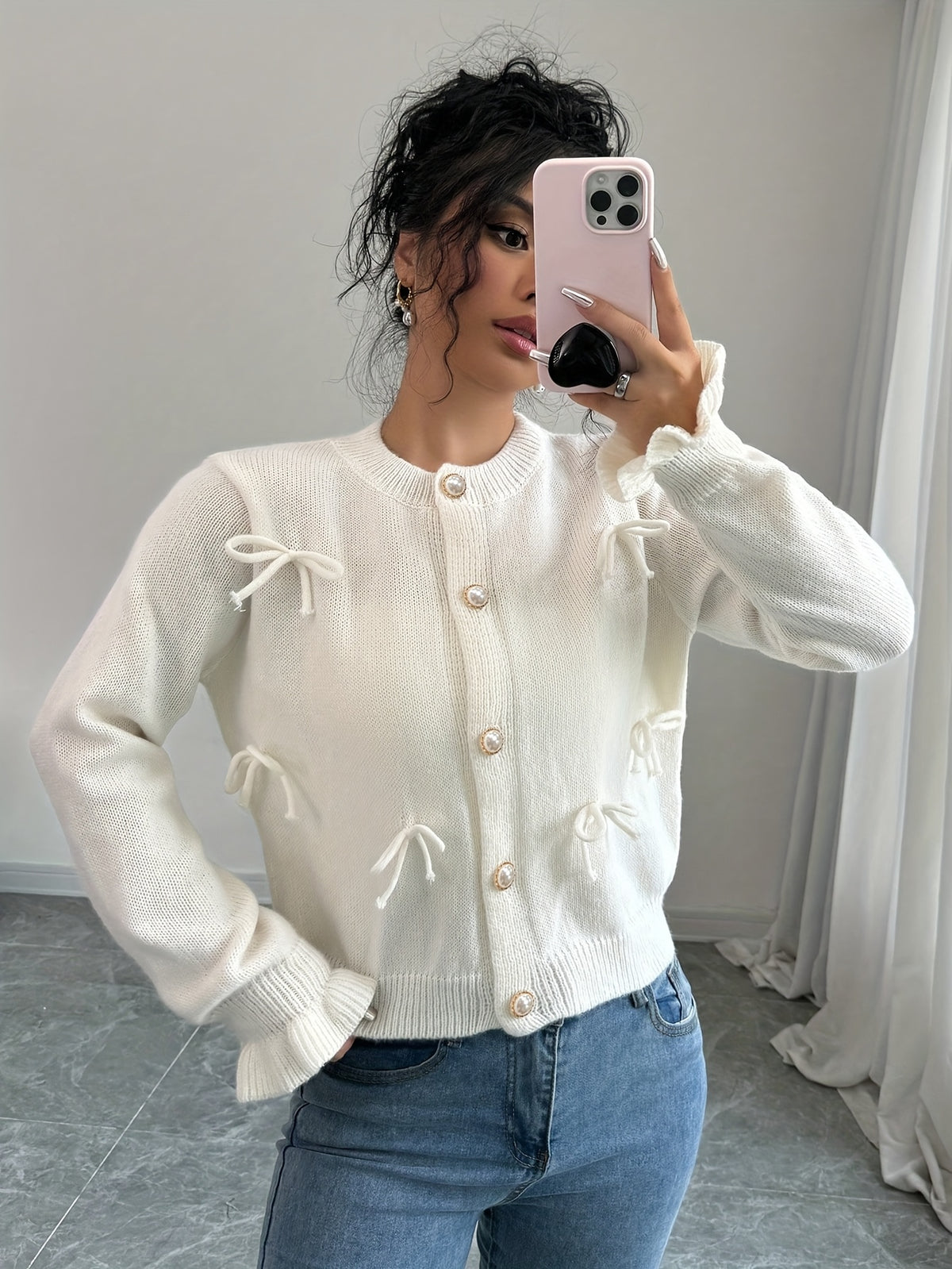 Bow Detail Pearl Button Cardigan