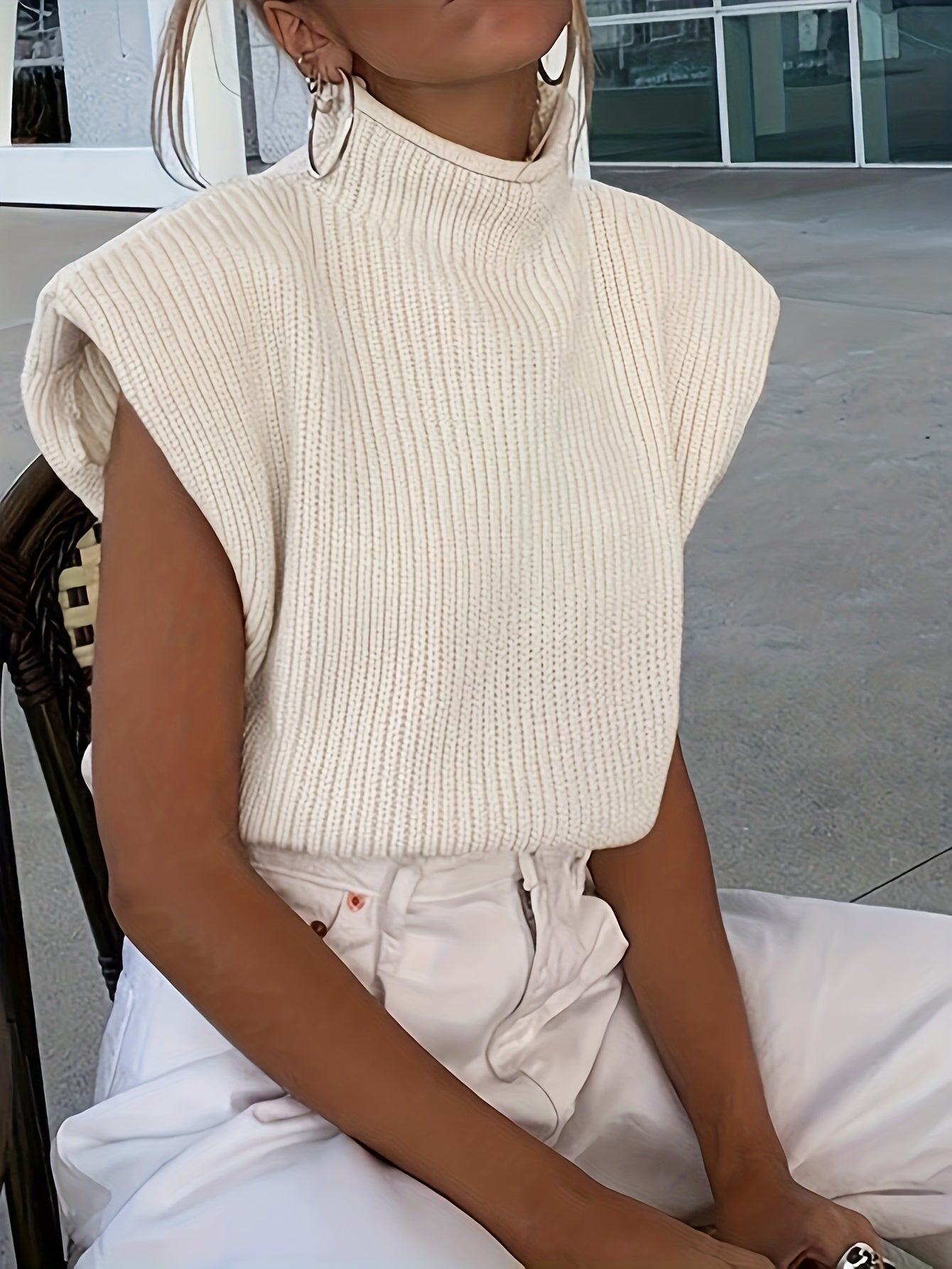 Drop Shoulder Ribbed Mock Neck Knit Vest