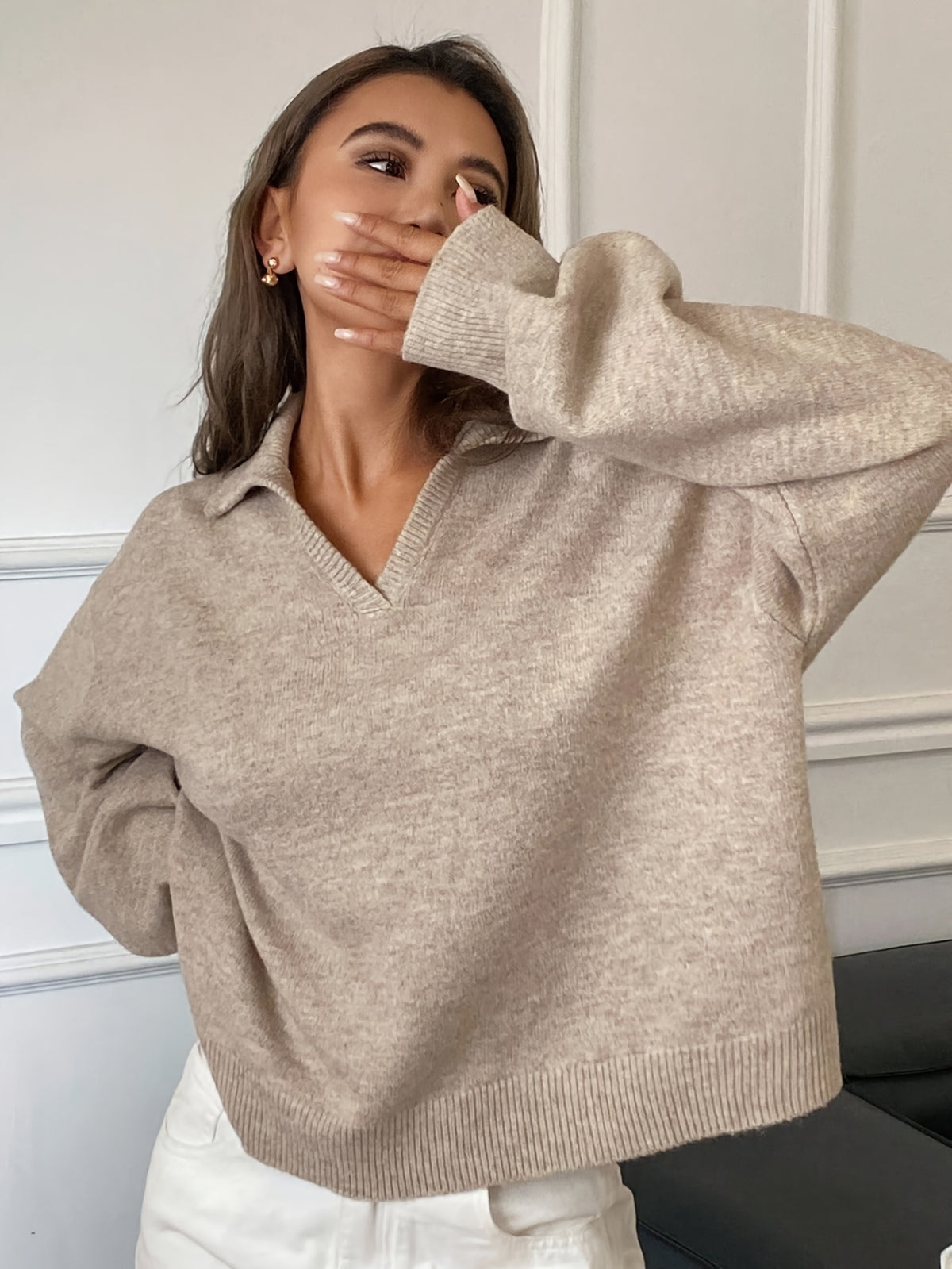 Polo Collar V-Neck Relaxed Sweater