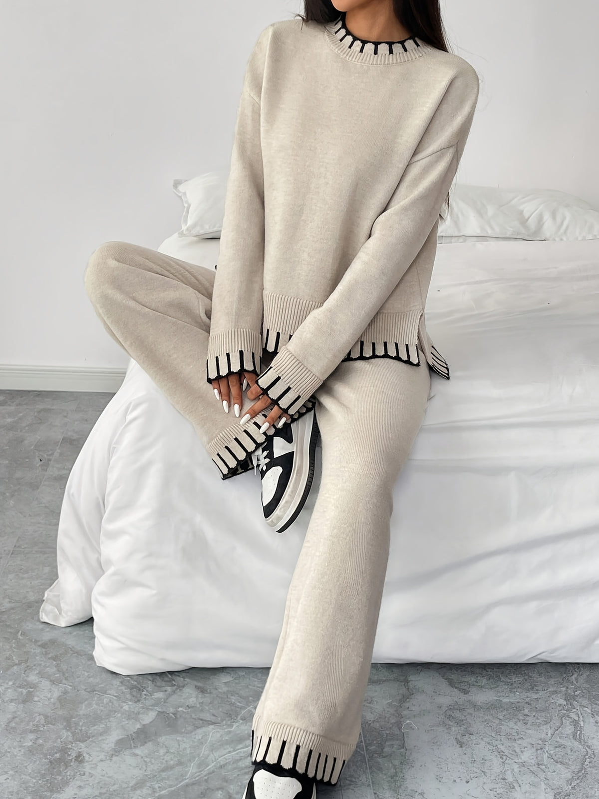 Contrast Trim Sweater & Wide Pants Set