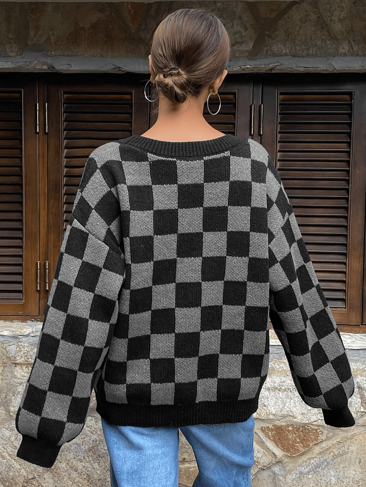 Checkerboard V-Neck Cardigan