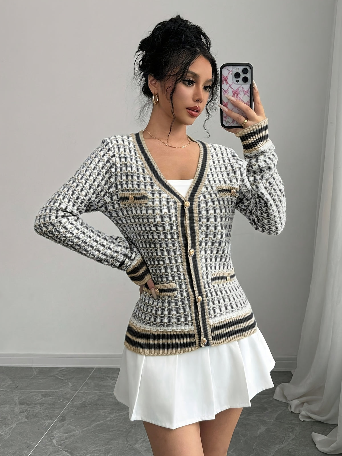 Contrast Trim Textured Knit Cardigan