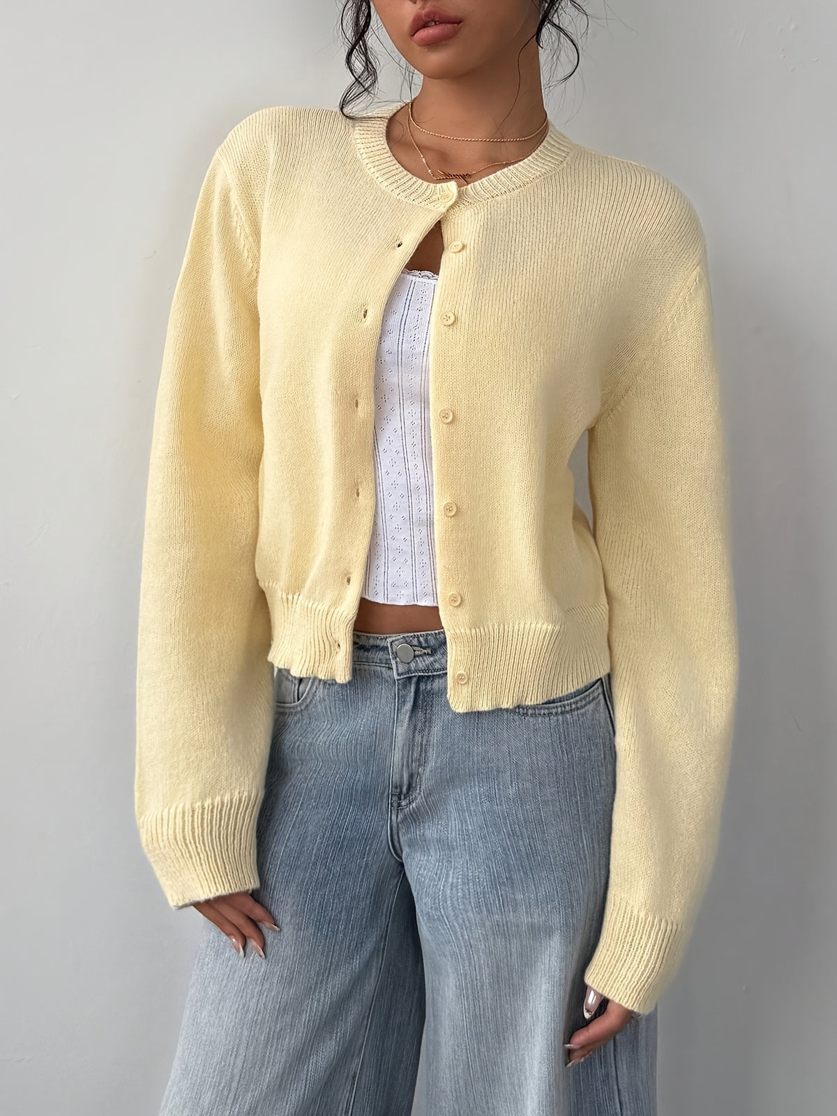 Pale Yellow Crew Neck Cardigan