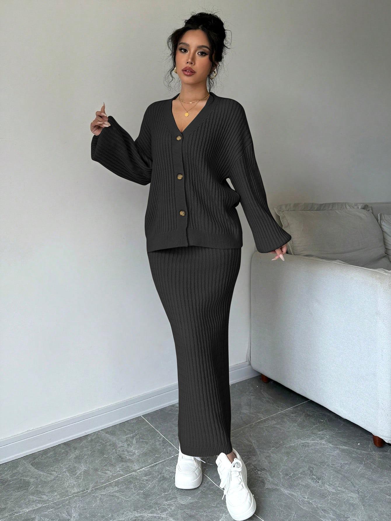 JOYSONS V-neck cardigan and high-waist knit skirt set