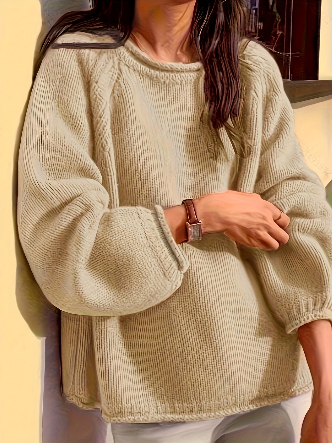 2024 Autumn Winter New French Round Neck Pullover Solid Color Women'S Lantern Sleeve Loose Casual Lazy Sweater Whitening Fashion Versatile Sweater