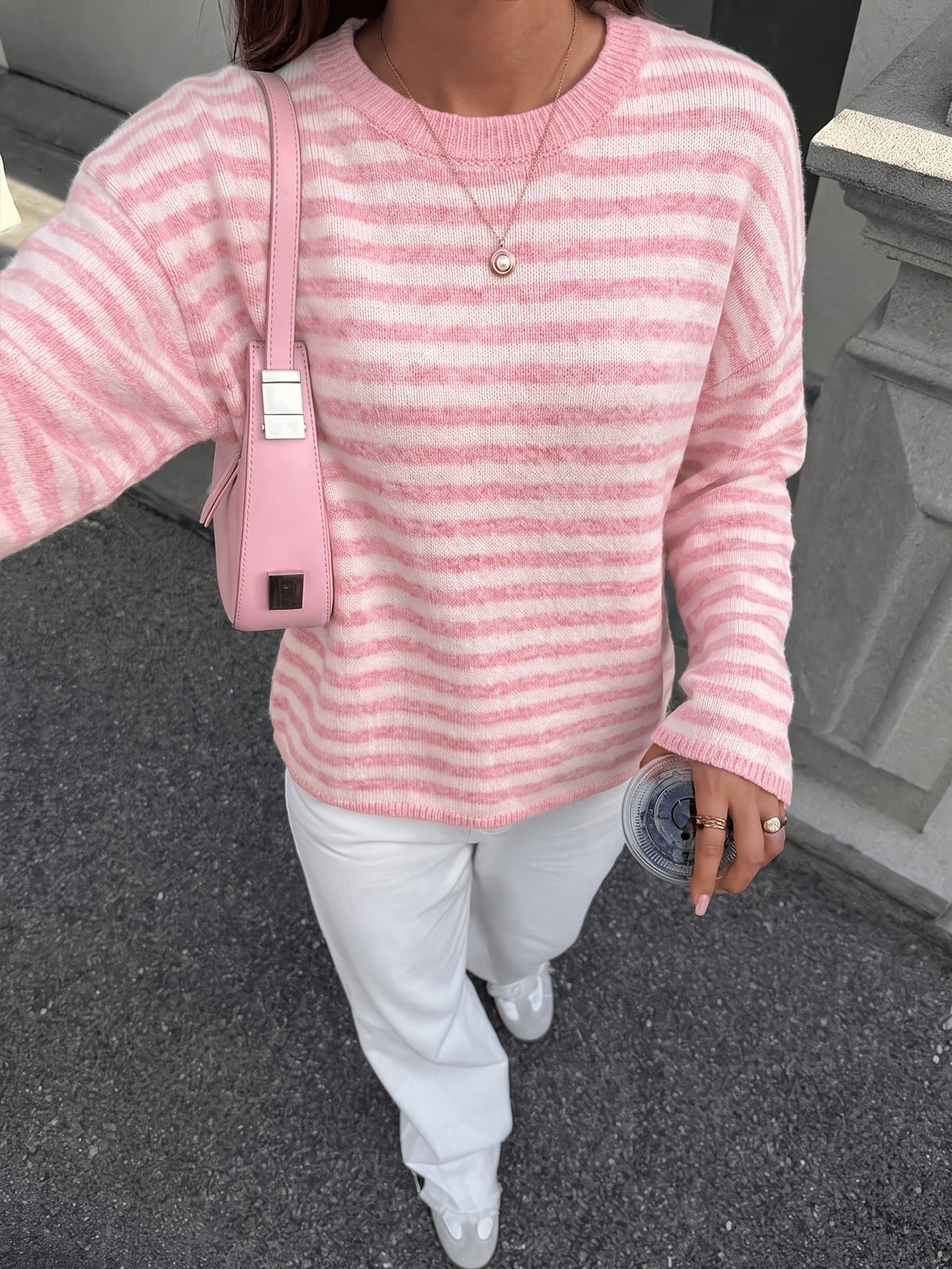 Pink Striped Crew Neck Sweater
