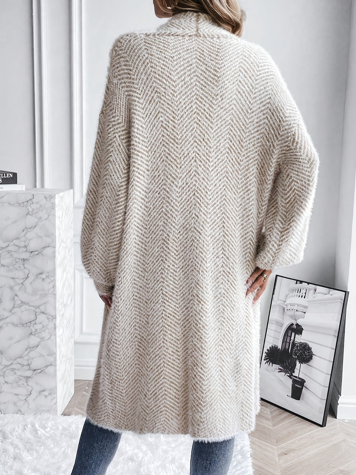 Fuzzy Herringbone Longline Cardigan