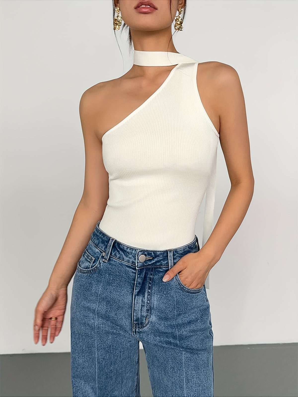 One Shoulder Scarf Neck Knit Top