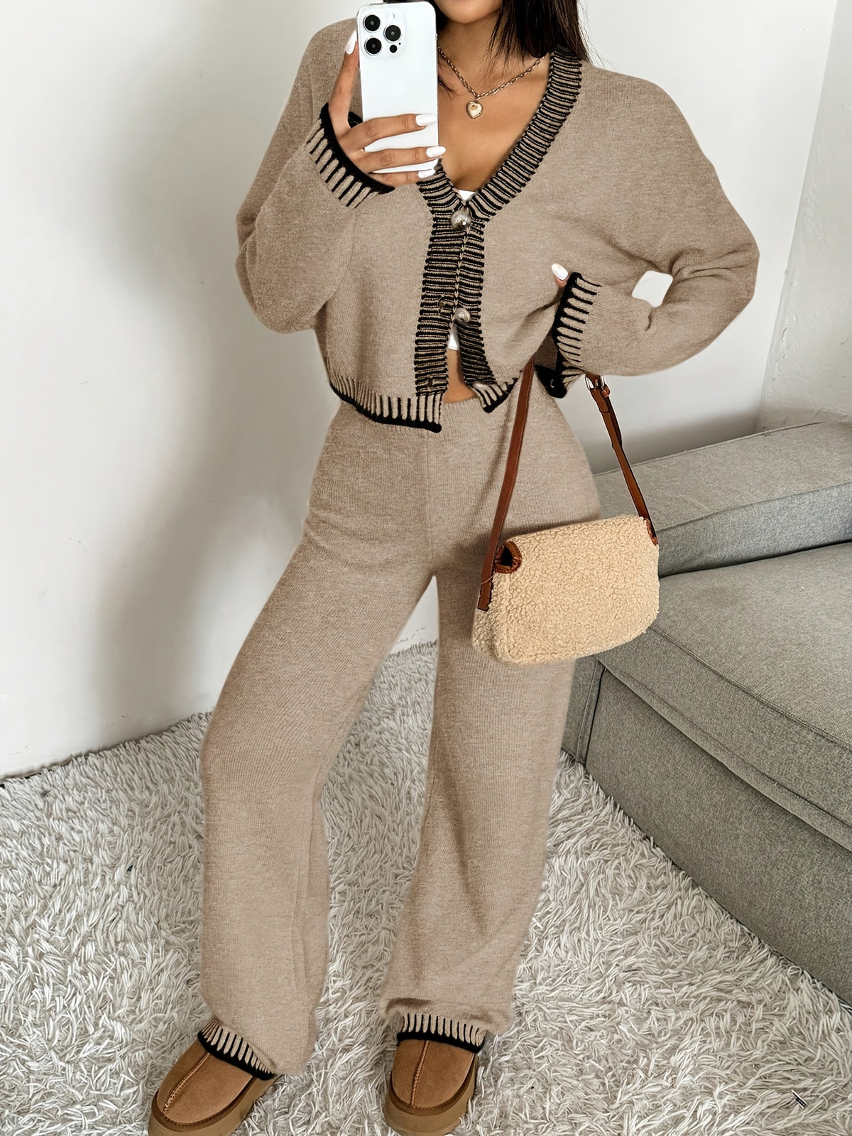 Stripe Trim Button Cardigan & Pant Set