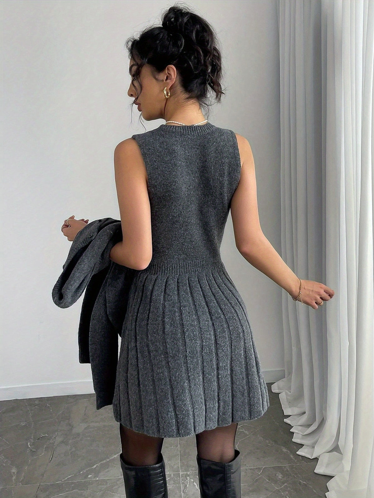 Cropped Cardigan & Pleated Knit Dress Set