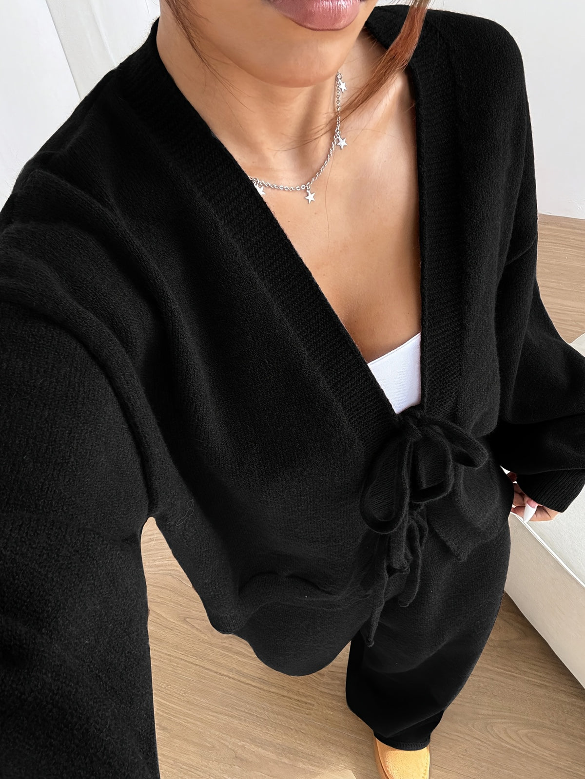Tie Front Cardigan & Wide Leg Pants Set