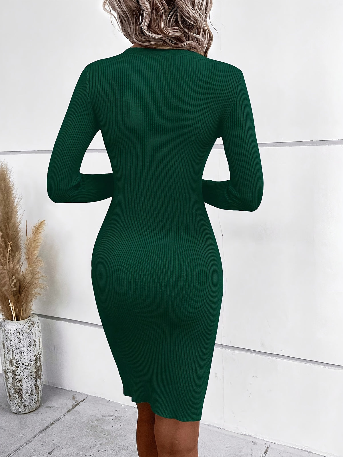 Button Slit Ribbed Midi Sweater Dress