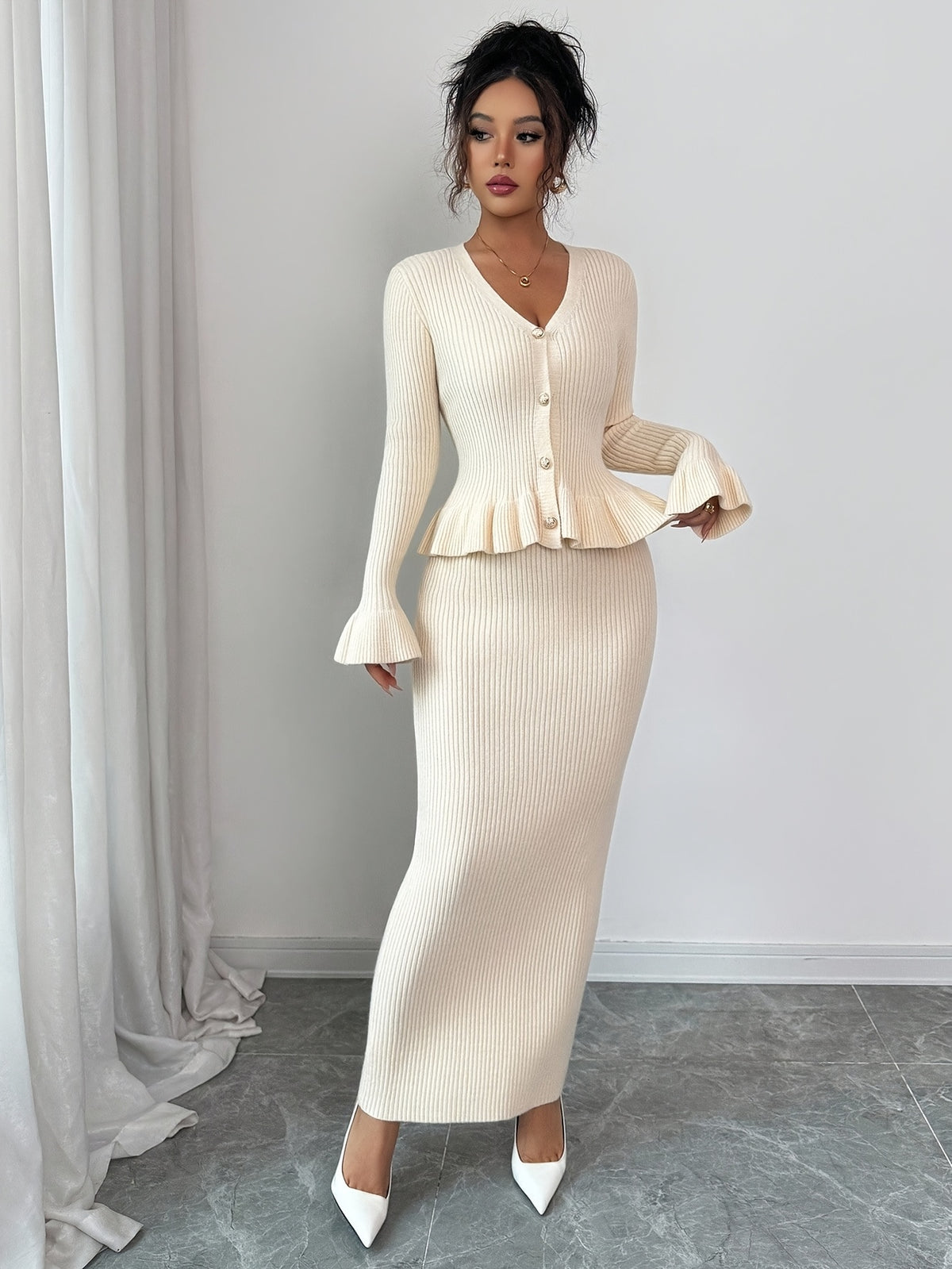Ruffle Hem Cardigan & Maxi Skirt Set