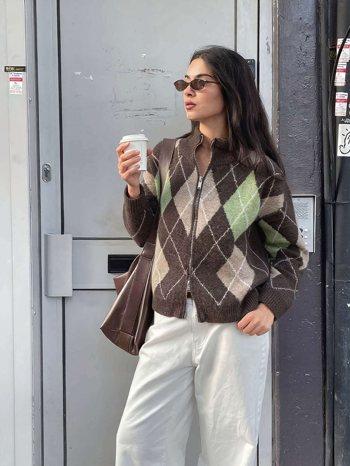 Argyle Zip-Up Cardigan