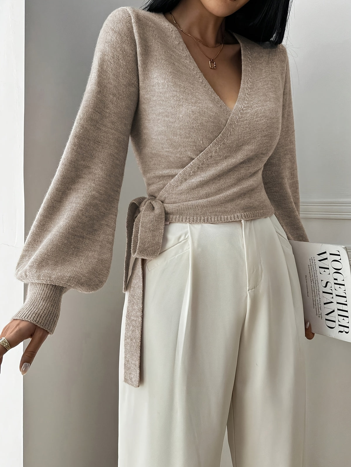 Faux Wrap Balloon Sleeve Sweater