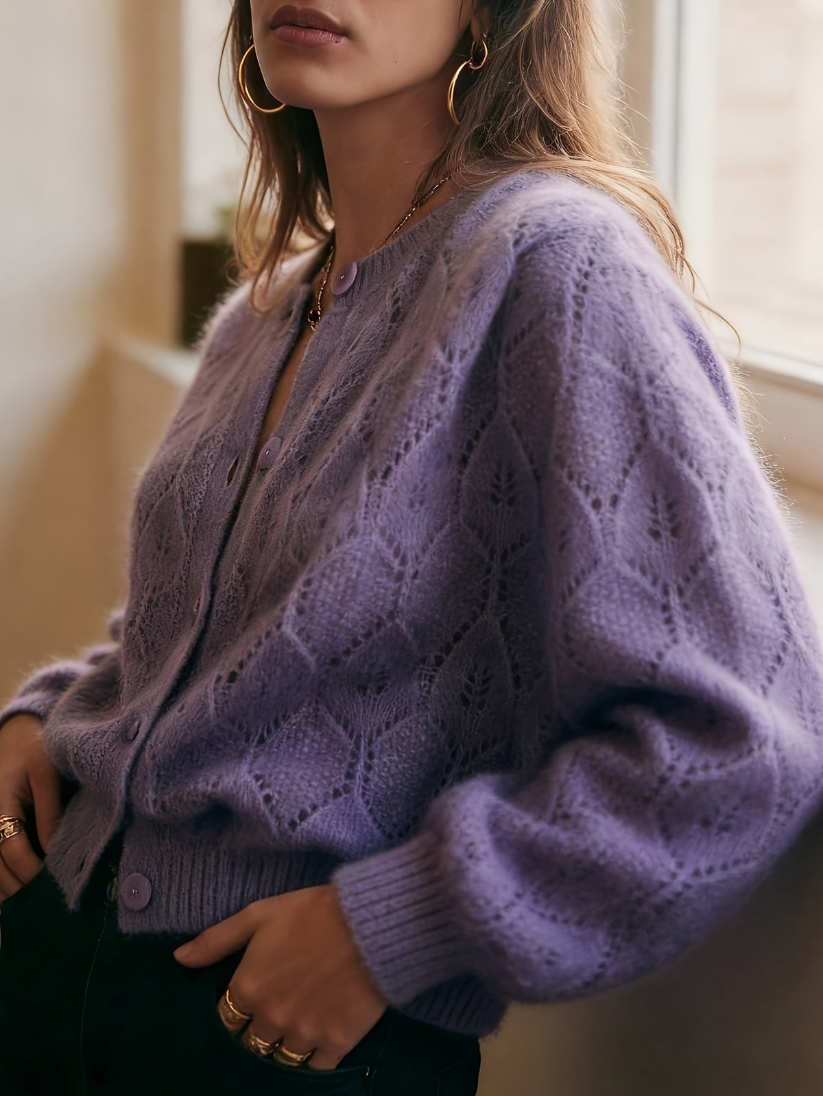 Lilac Pointelle Crew Neck Cardigan