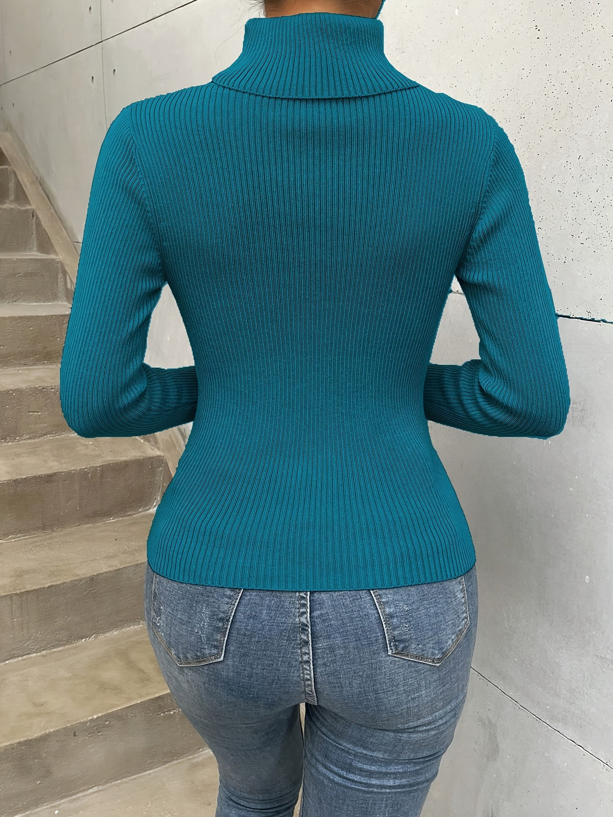 Button Shoulder Ribbed Turtleneck Sweater