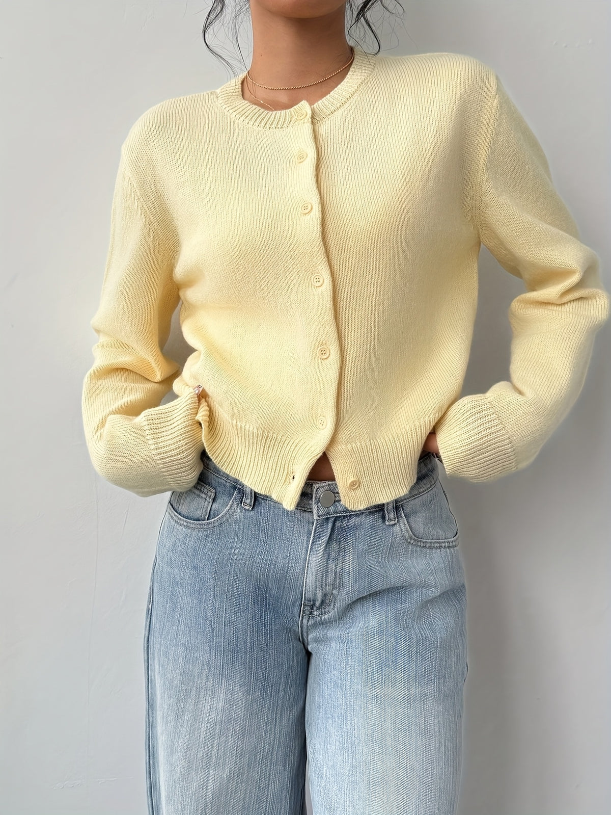 Pale Yellow Crew Neck Cardigan
