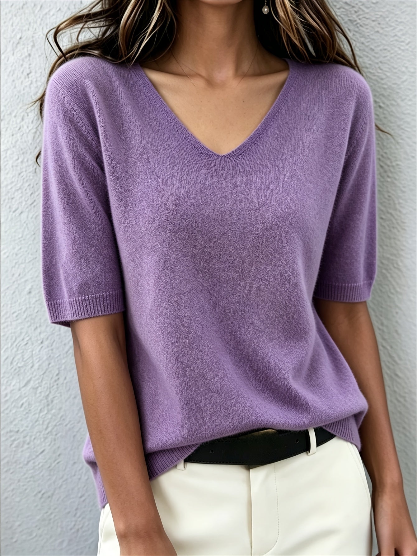 100% Cashmere Slim Fit Women'S Lightweight Summer Top | V-Neck Short-Sleeve Knitwear, Slim Fit, Quiet Luxury Style, Ideal for Office & Business Casual Wear