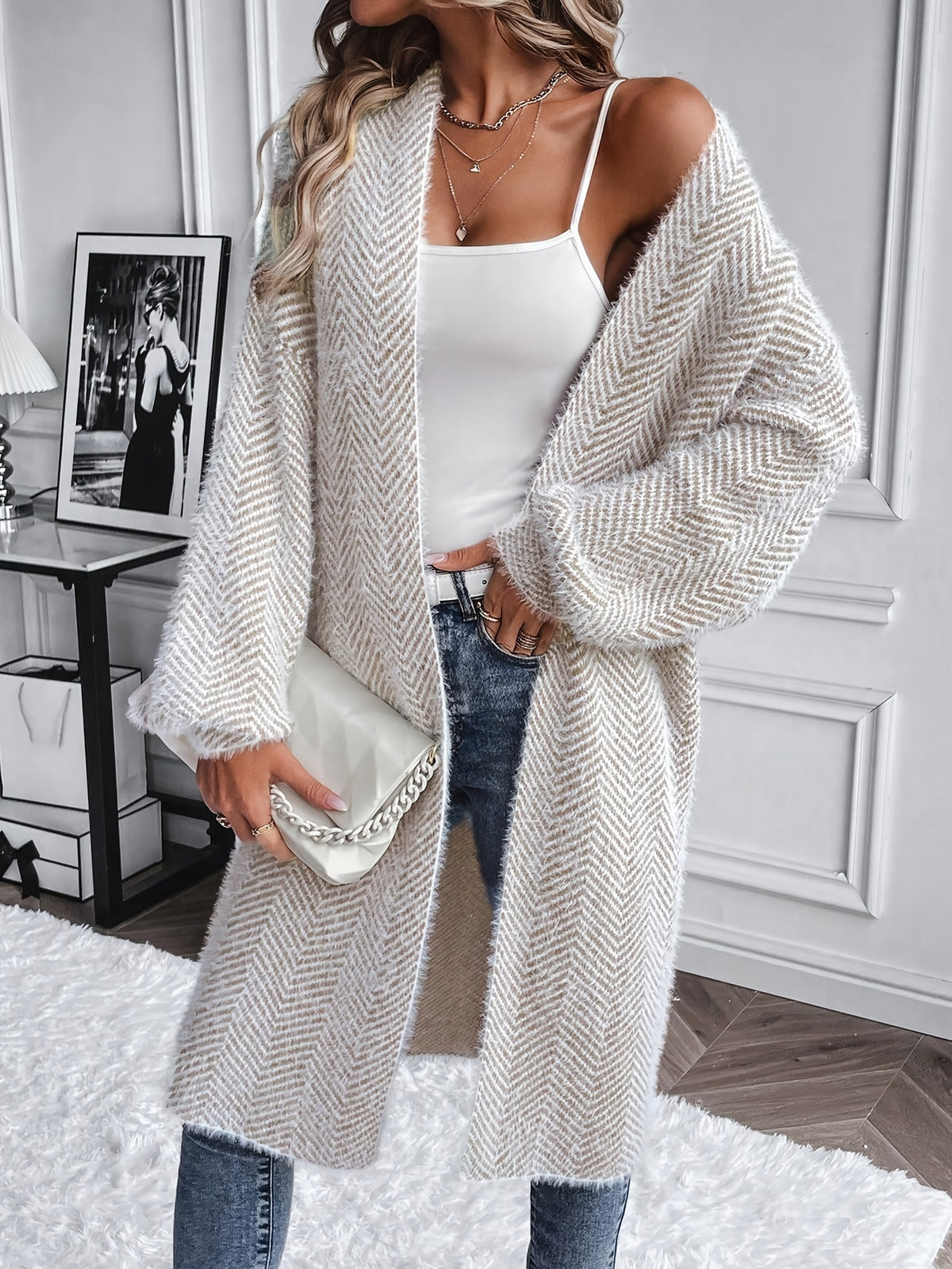Fuzzy Herringbone Longline Cardigan