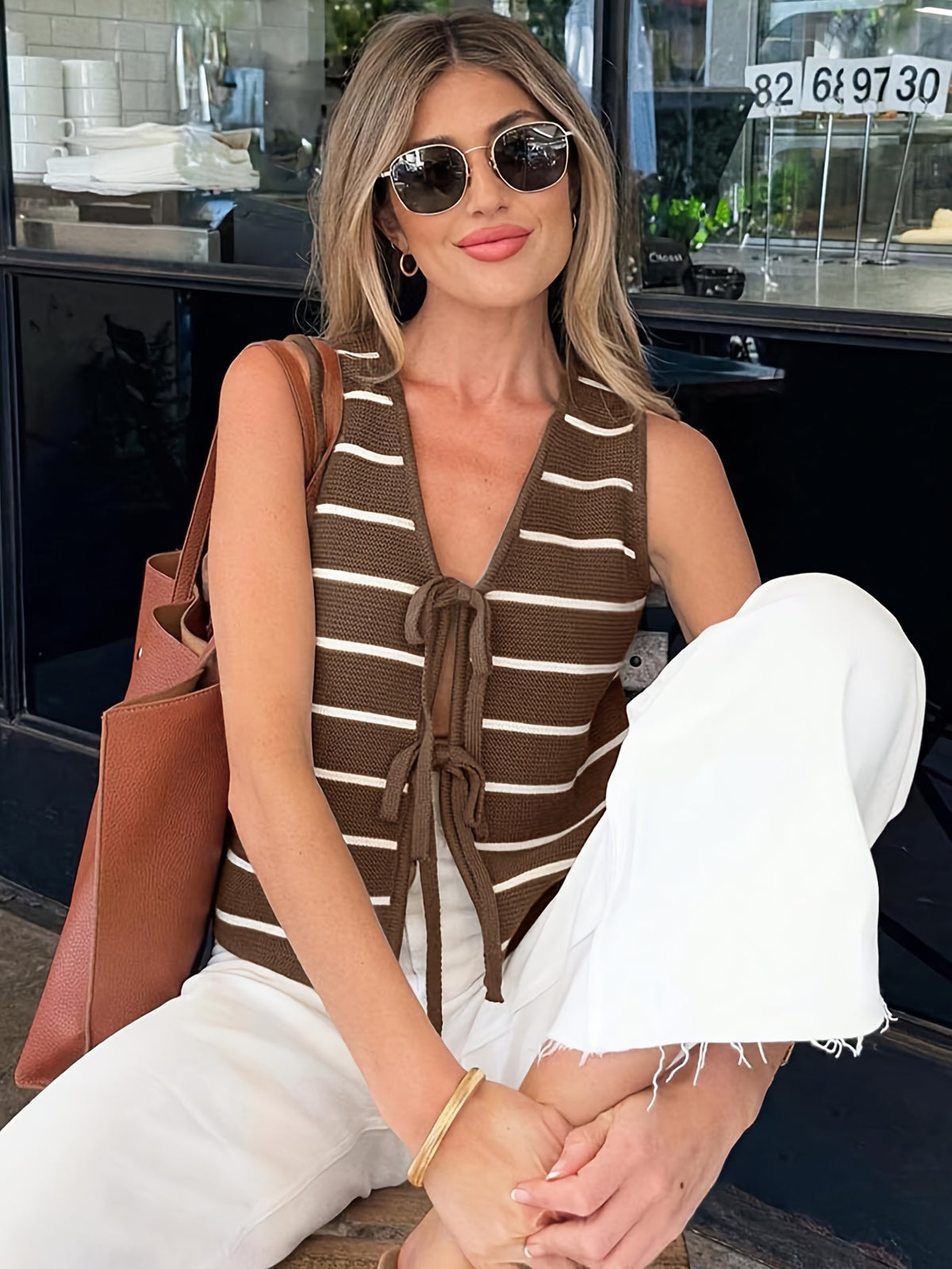 Striped Tie Front Sweater Vest - JOYSONS