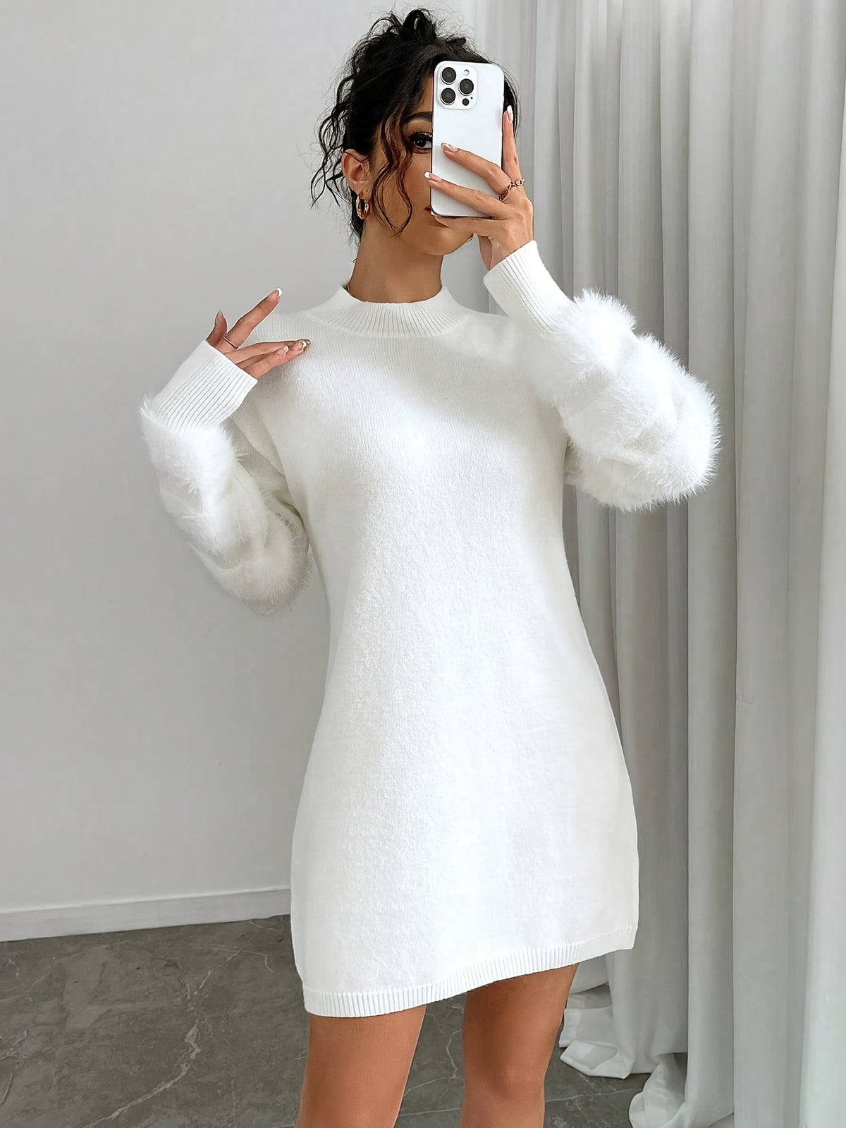 Fuzzy Sleeve Mock Neck Sweater Dress