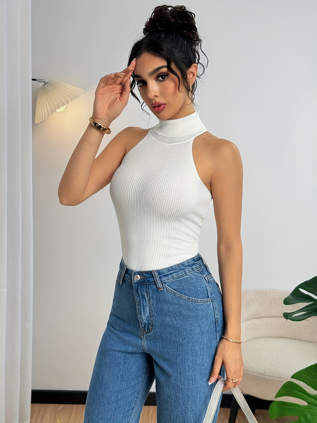 High Neck Ribbed Knit Tank