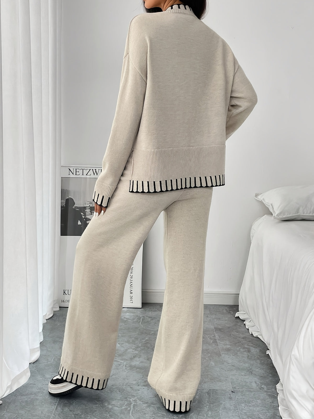 Contrast Trim Sweater & Wide Pants Set