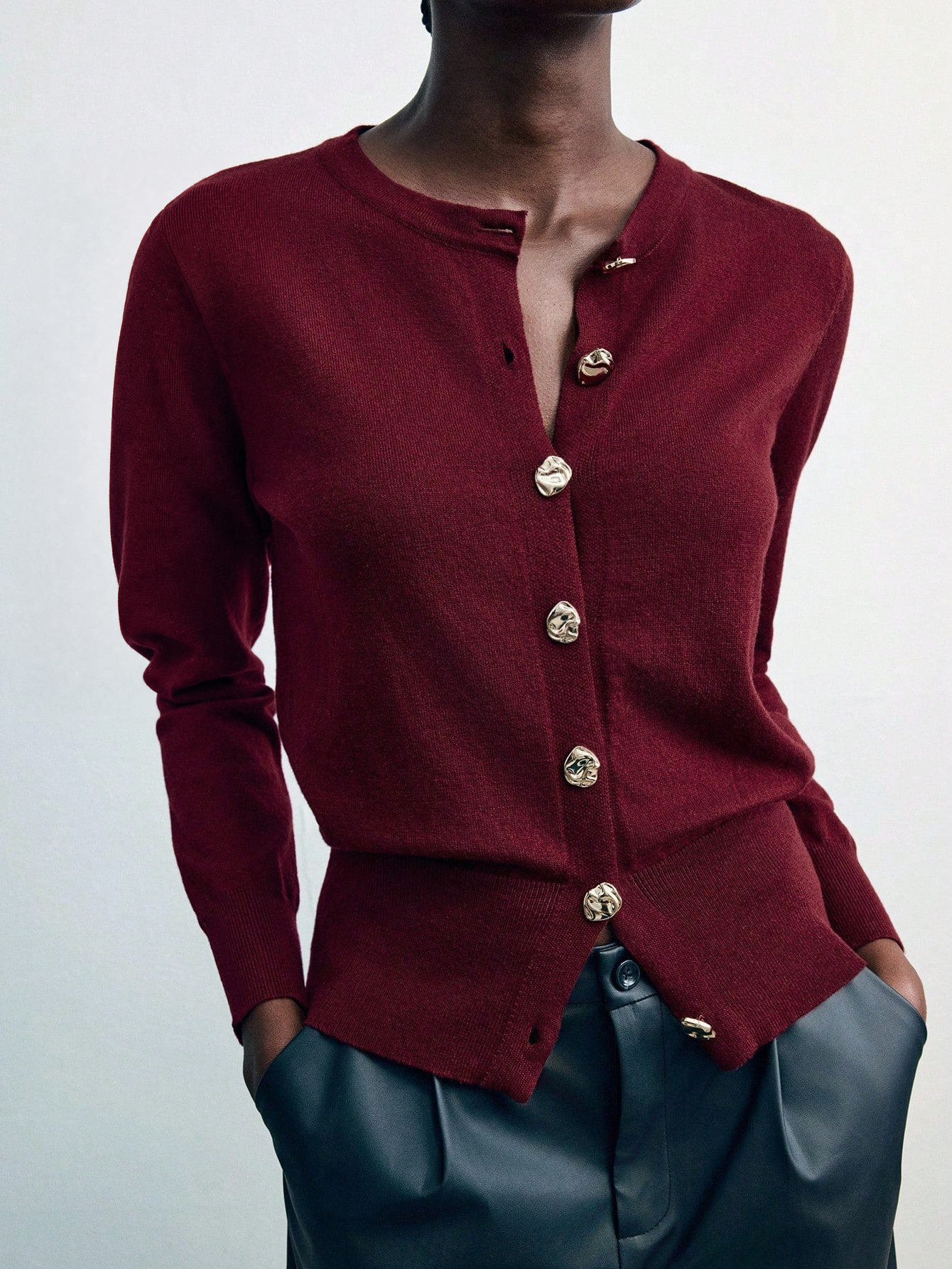 Women's crew neck button-front cardigan, front view