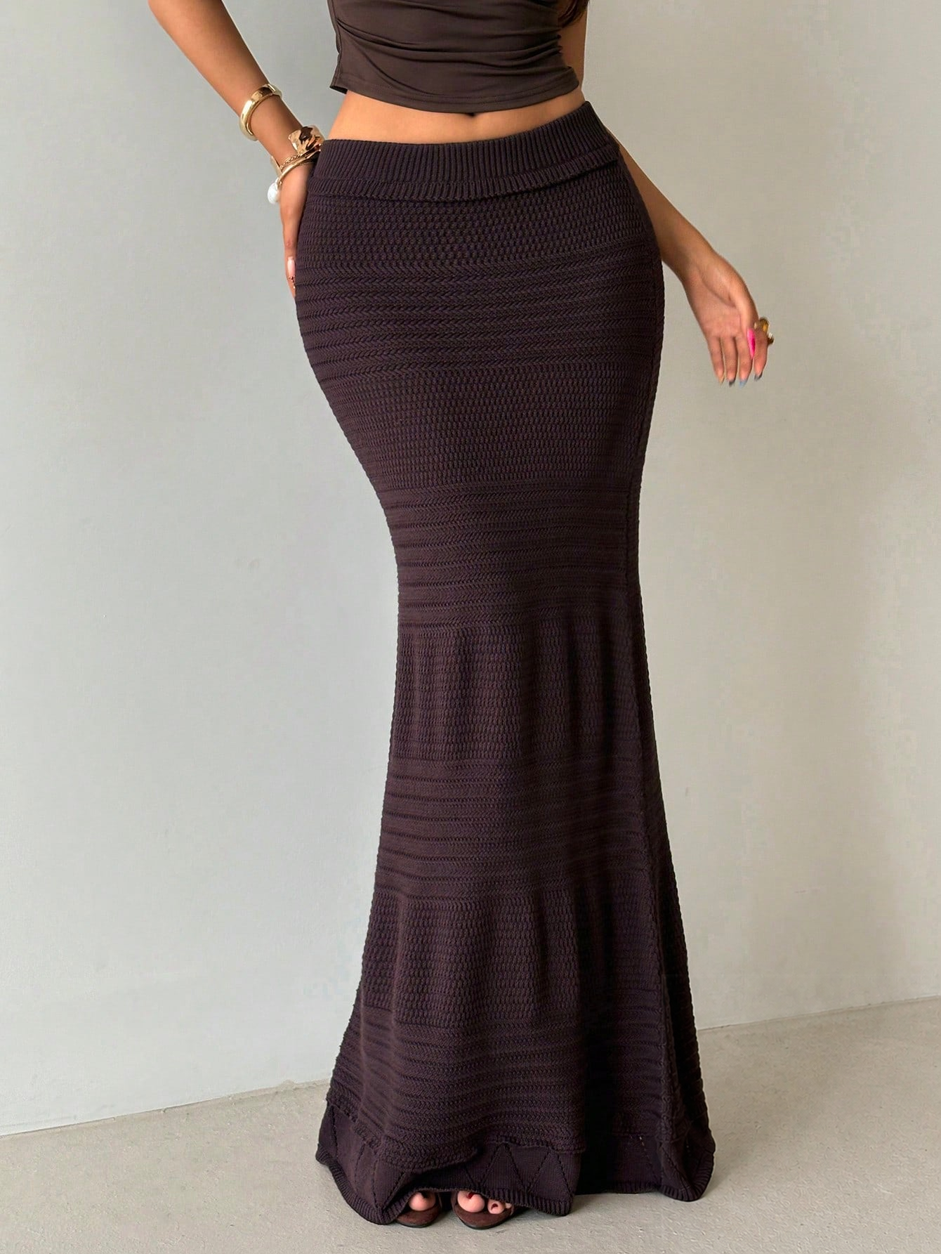Women's coffee brown knit maxi skirt, front view