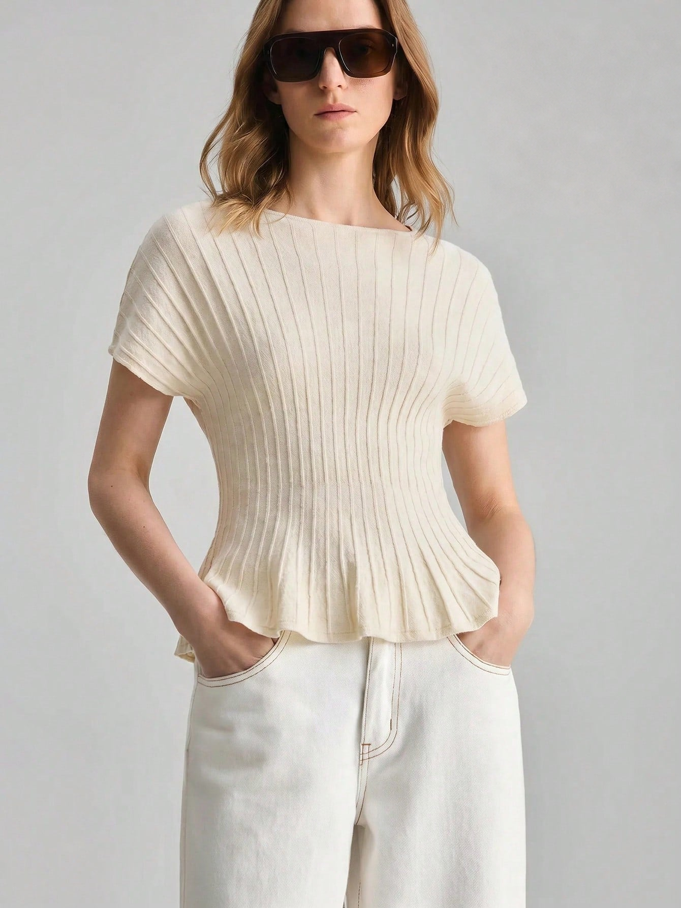 Women's apricot ribbed short sleeve sweater, front view
