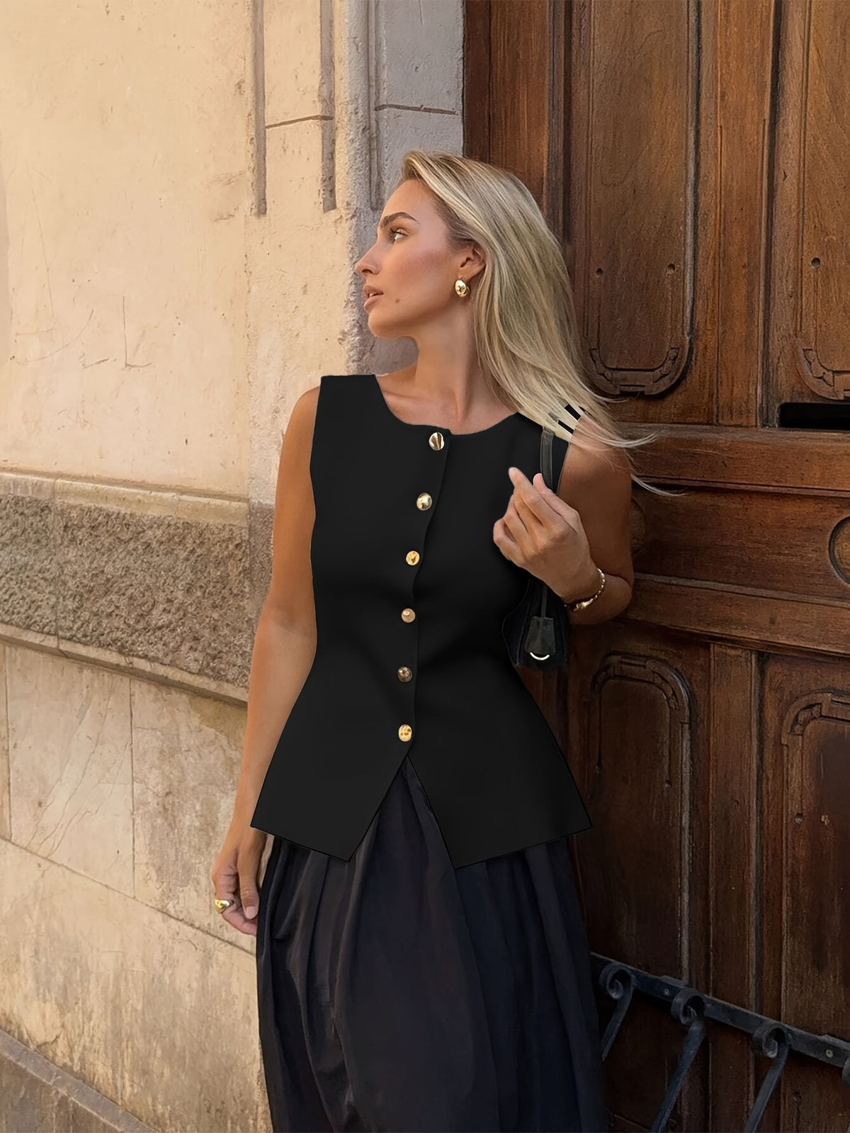 Gold Button Sleeveless Knit Top