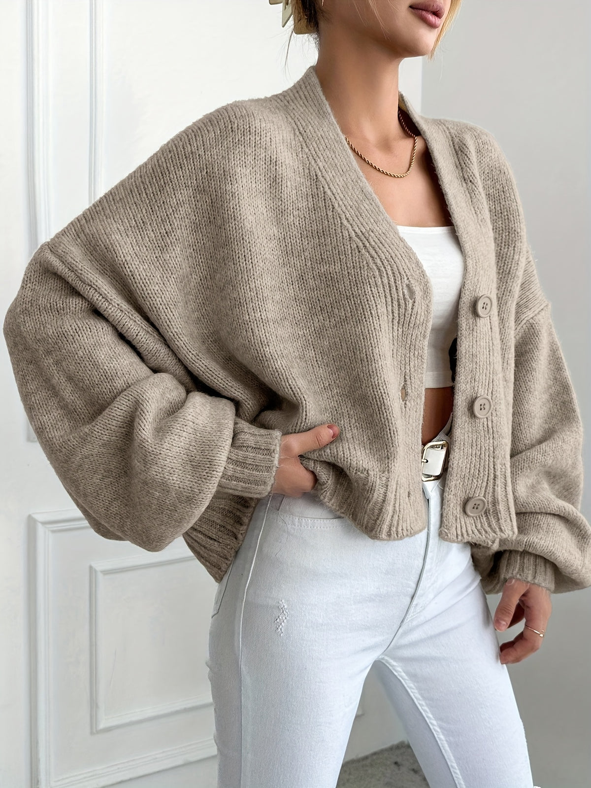 Oversized Balloon Sleeve V-Neck Cardigan