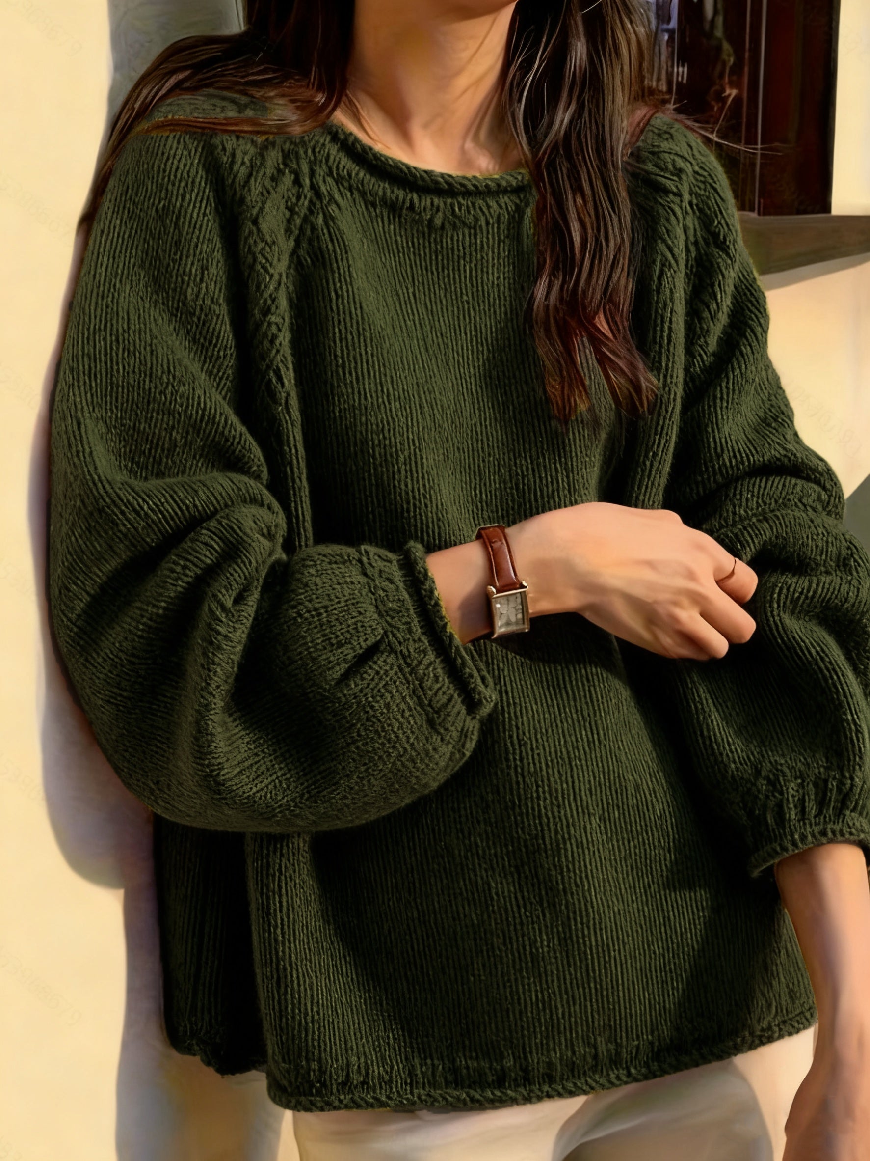2024 Autumn Winter New French Round Neck Pullover Solid Color Women'S Lantern Sleeve Loose Casual Lazy Sweater Whitening Fashion Versatile Sweater