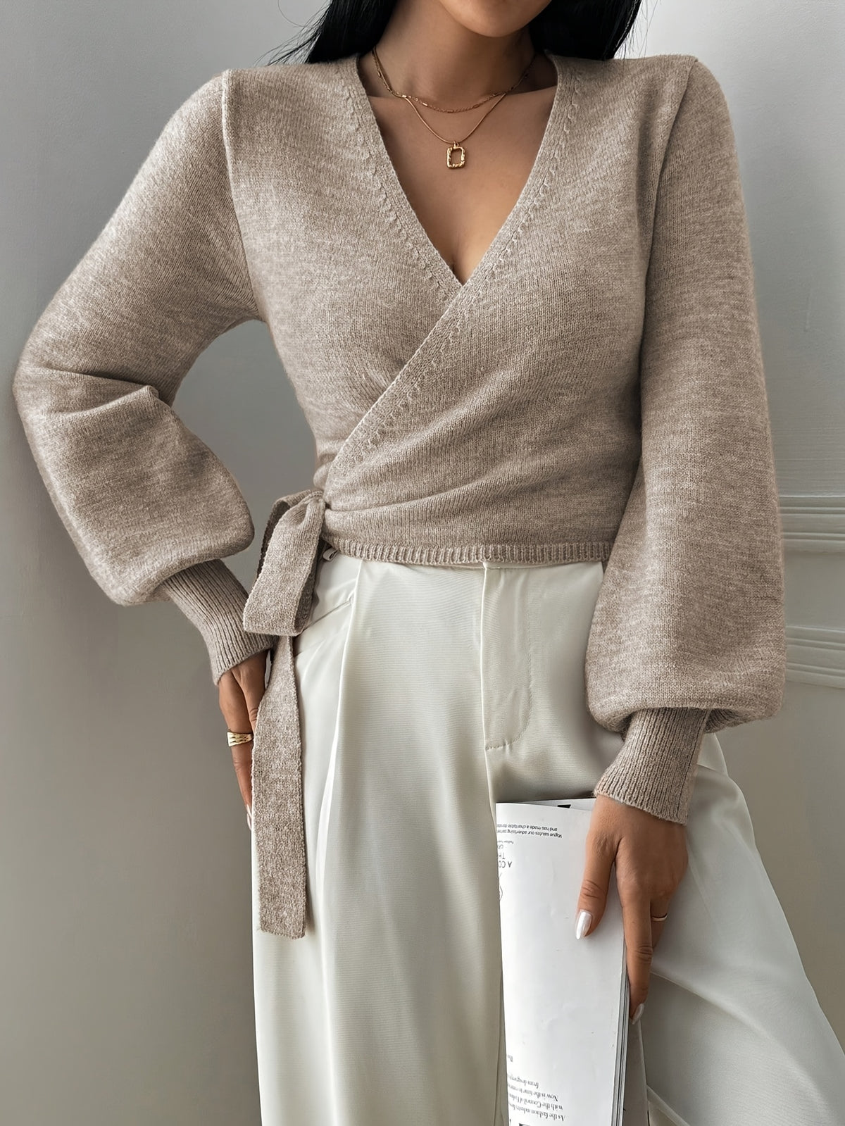 Faux Wrap Balloon Sleeve Sweater