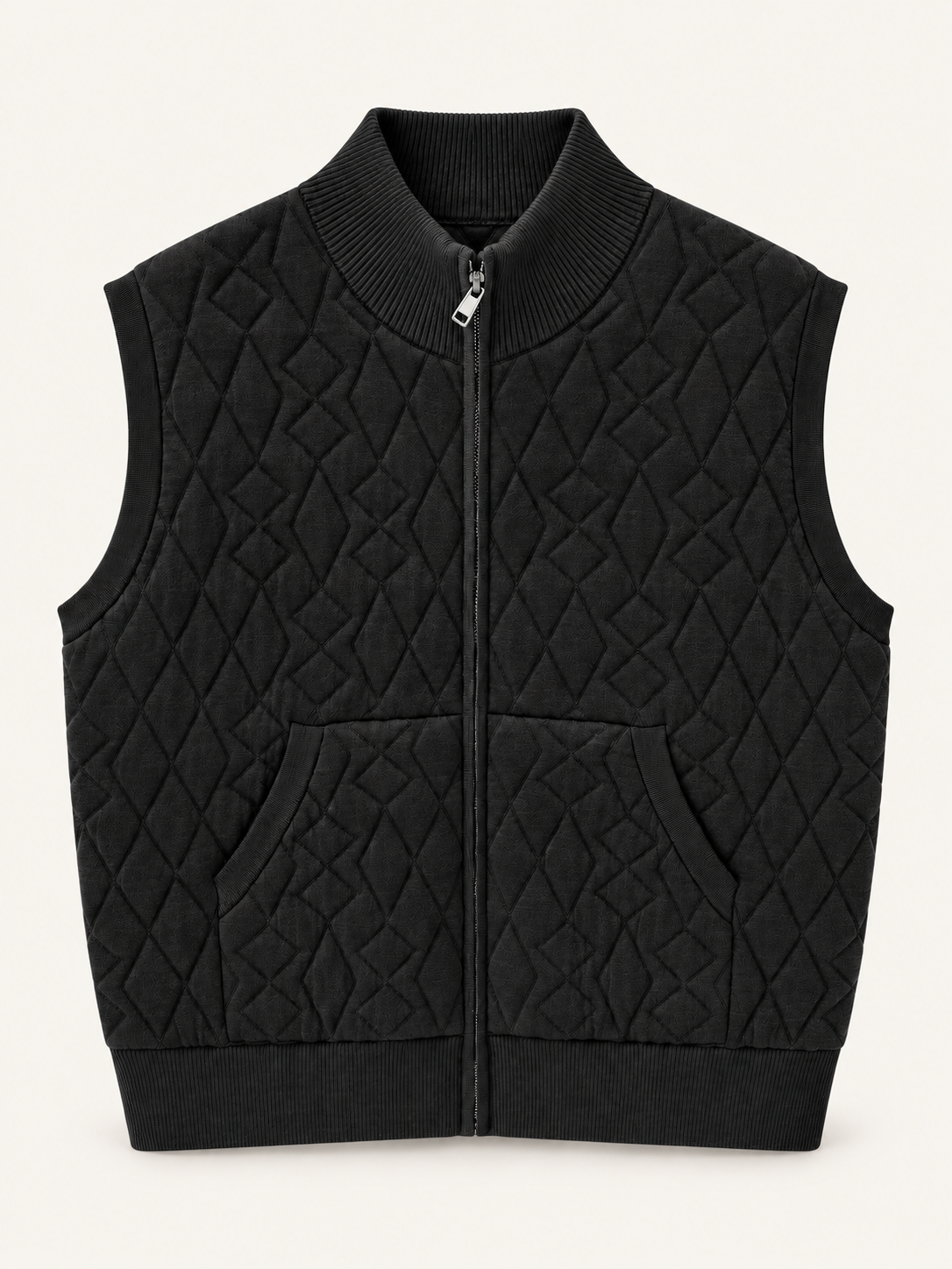 Black diamond-texture zip knit vest front