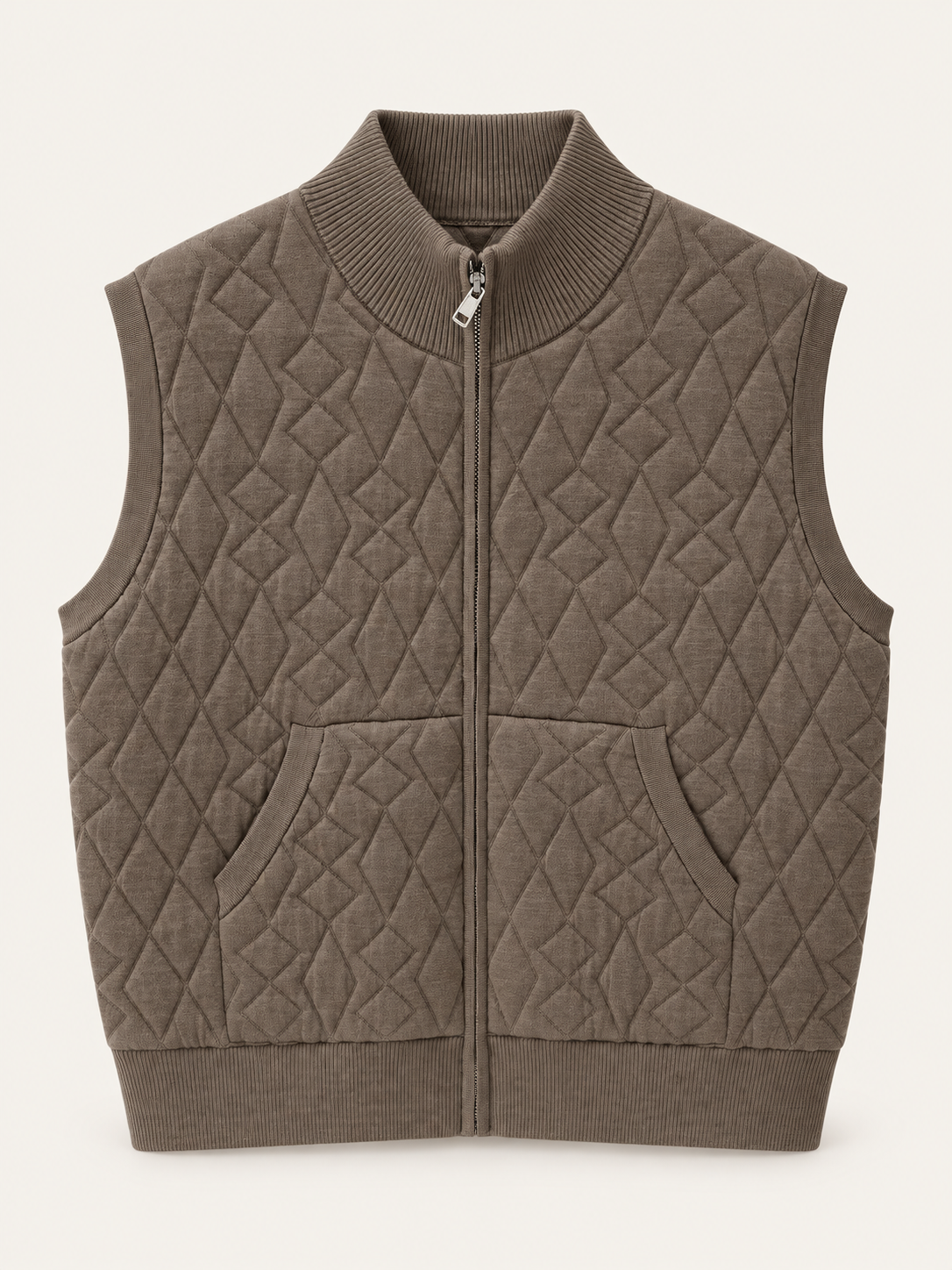Brown diamond-texture zip knit vest front