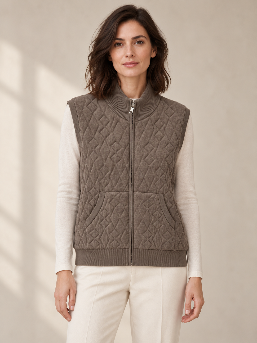 Brown diamond-texture zip knit vest on model