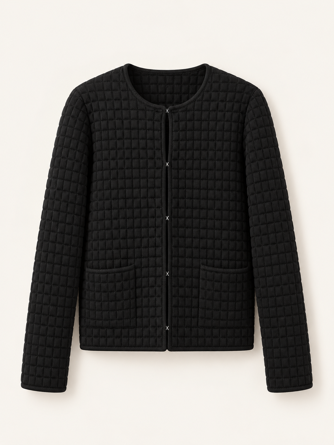 Black grid-texture pocket knit jacket front