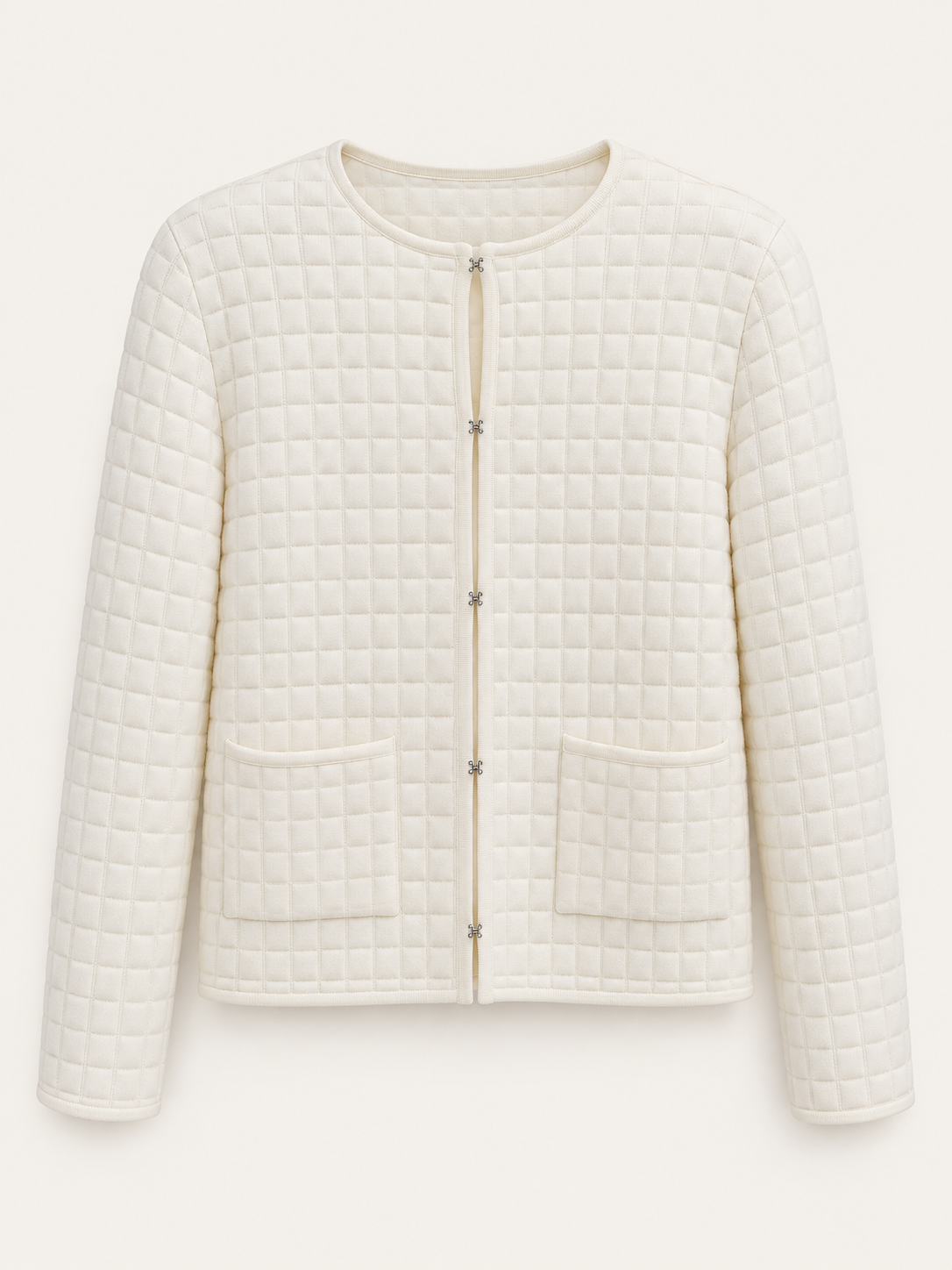 White grid-texture pocket knit jacket front