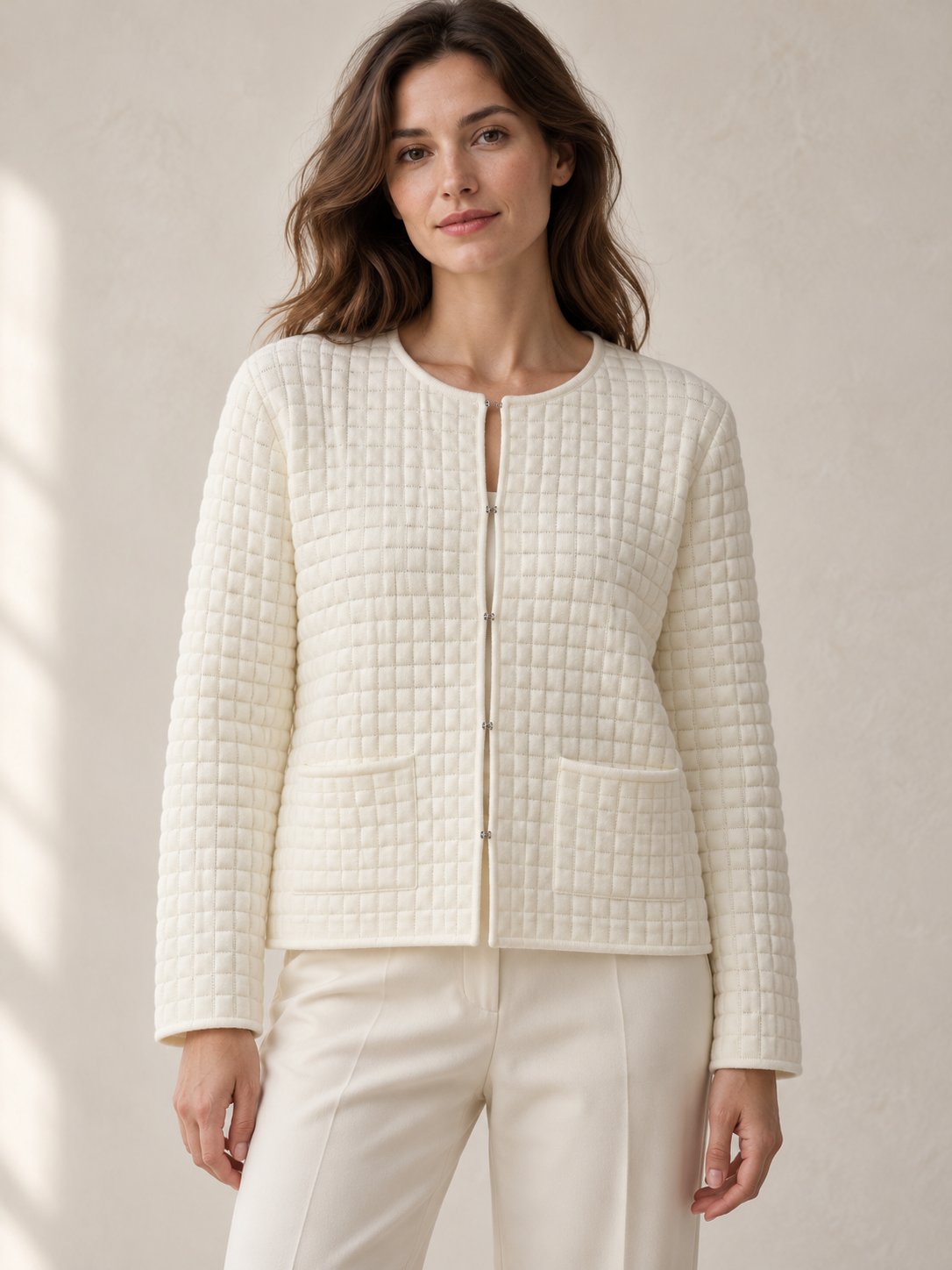White grid-texture pocket knit jacket on model