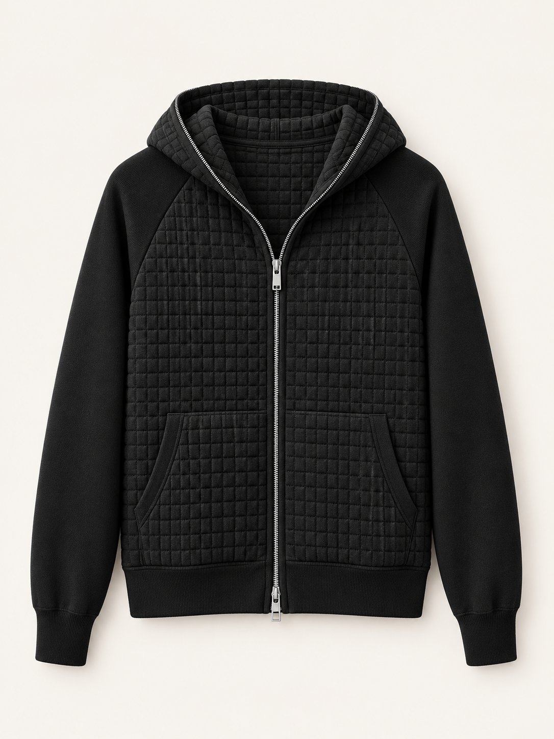 Black hooded zip cardigan front