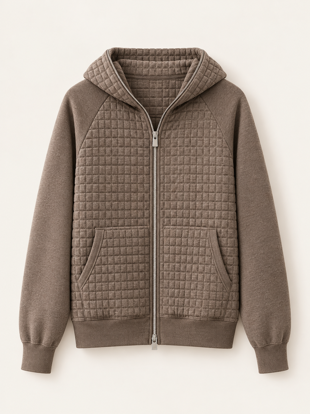 Brown hooded zip cardigan front