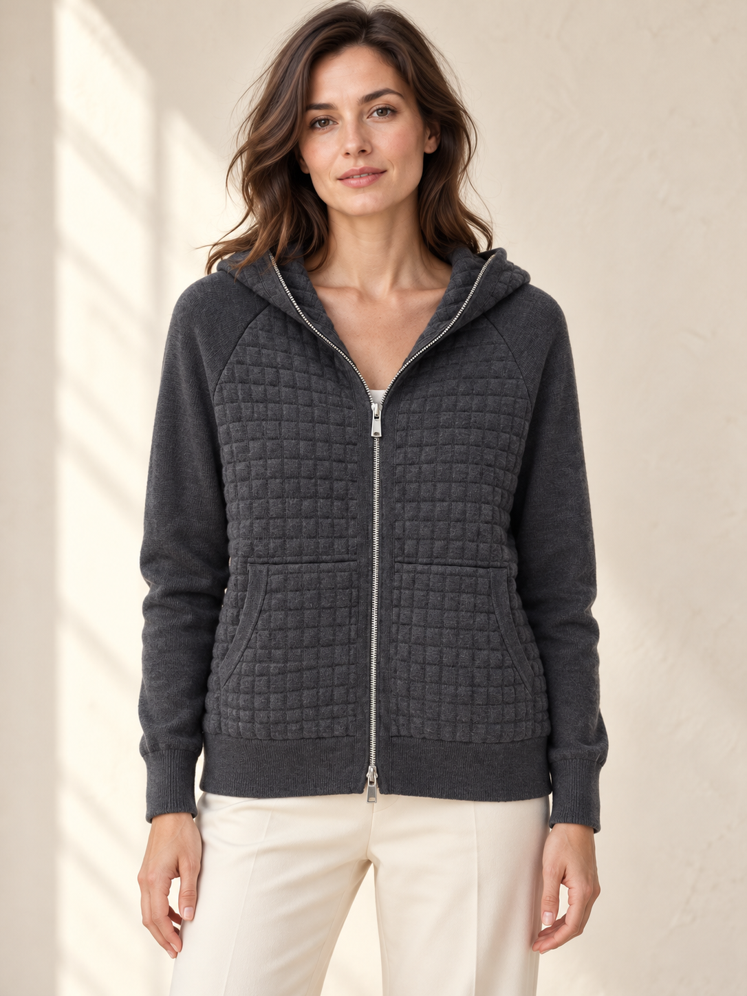 Dark Gray hooded zip cardigan on model