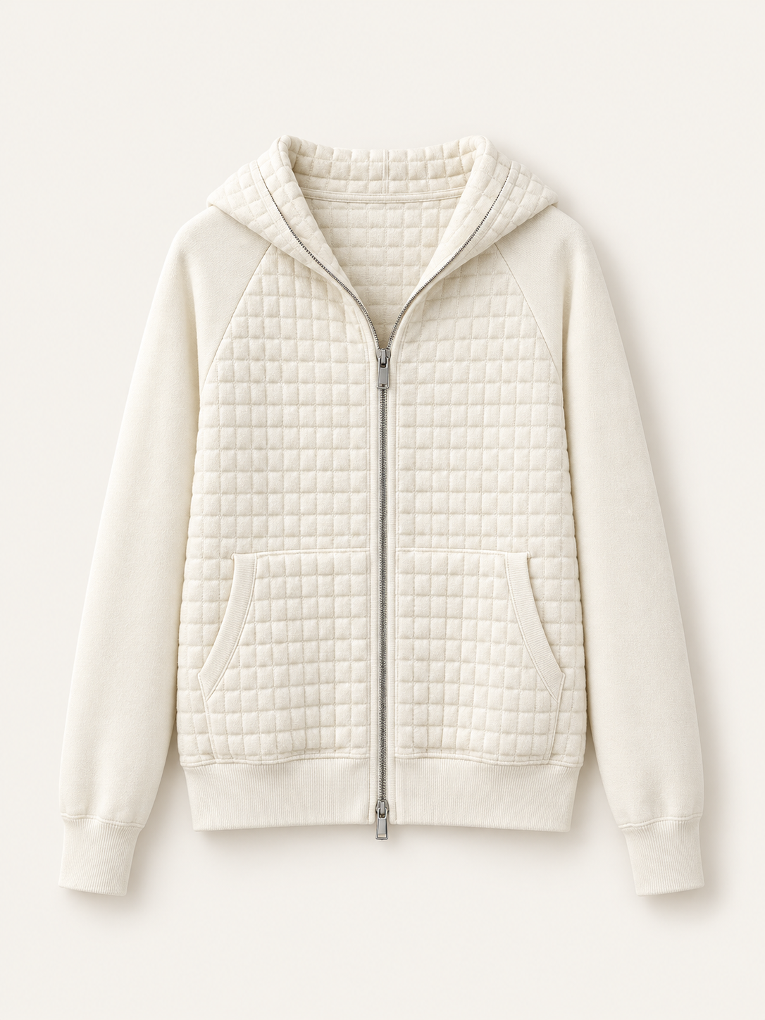 White hooded zip cardigan front